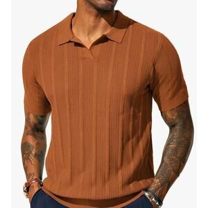 PJ Paul Jones Polo Shirt Regular Fit Textured V-Neck Knit Gold Polo Mens XL